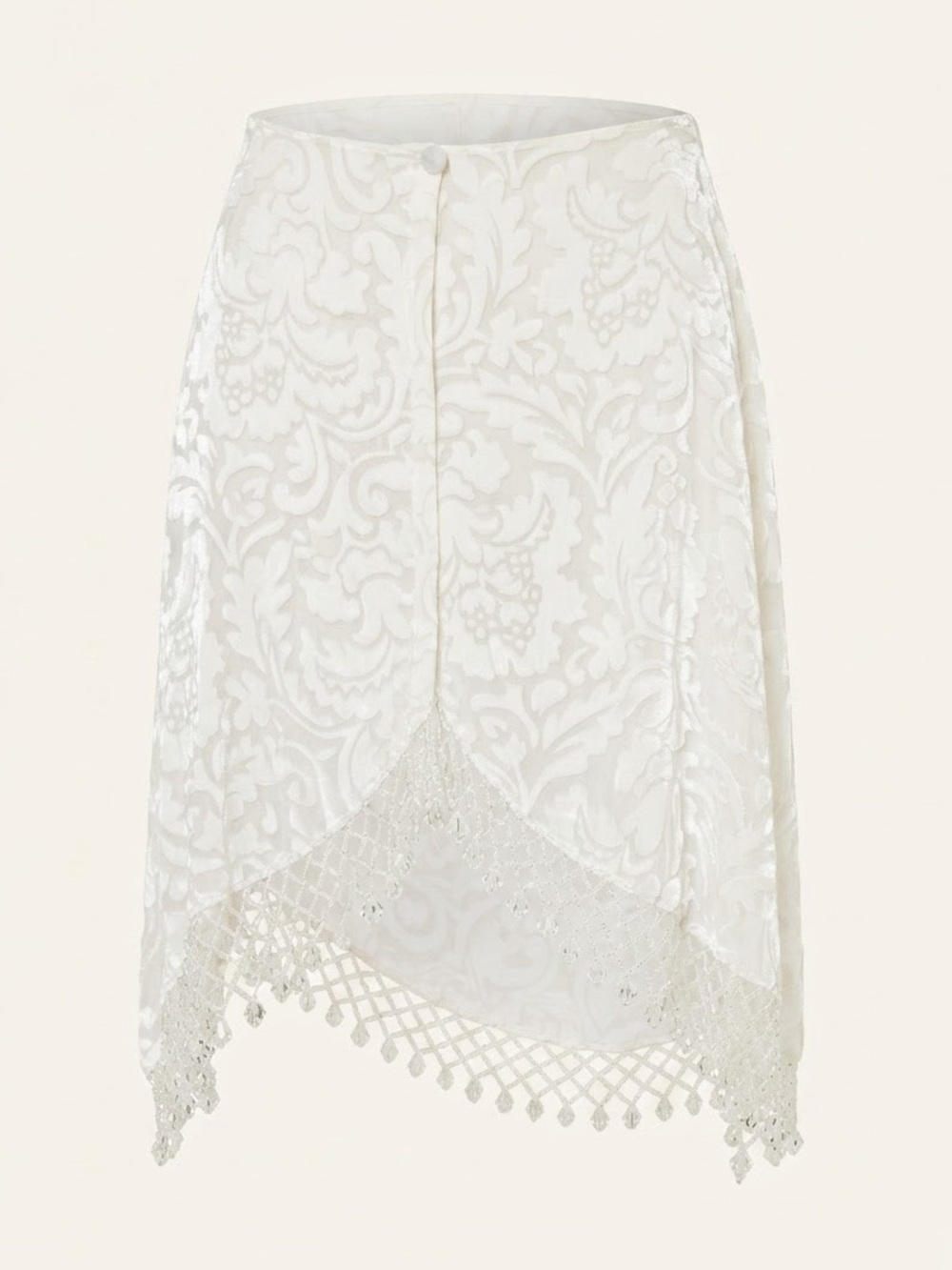 White Burnout Velvet Damask Mini Skirt Beaded Fringe Coquette Size Small